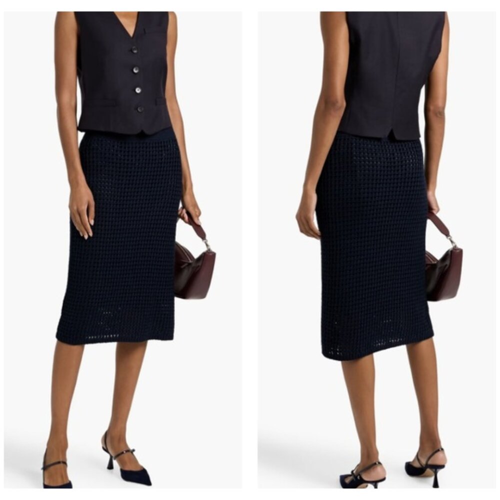 THEORY Crocheted Cotton Midi Skirt | Navy Blue | Open Knit Slip-On | Size L